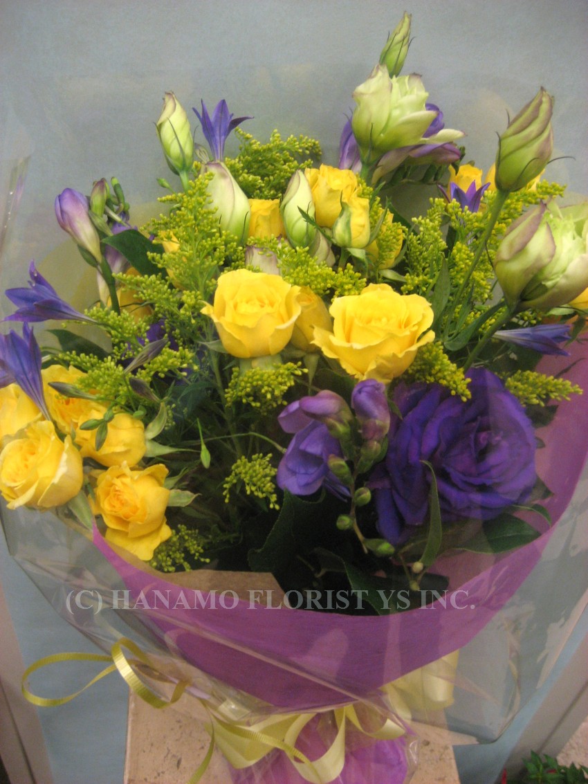 GRAD001 Handtied Roses& Seasonal Yellow & Purple Flowers